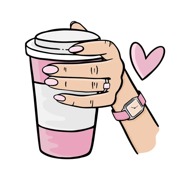 Girl Holding Pink Cup Coffee Set Illustrazione Vettoriale — Vettoriale Stock