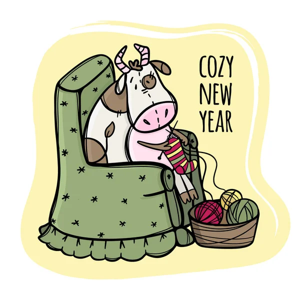 Cow Knits Wishes Cozy New Year Vector Illustration Set — Stockový vektor