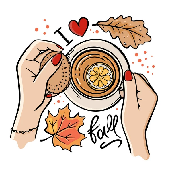 Cup Autumn Tea Set Illustrazione Vettoriale Disegnato Mano Autunno — Vettoriale Stock