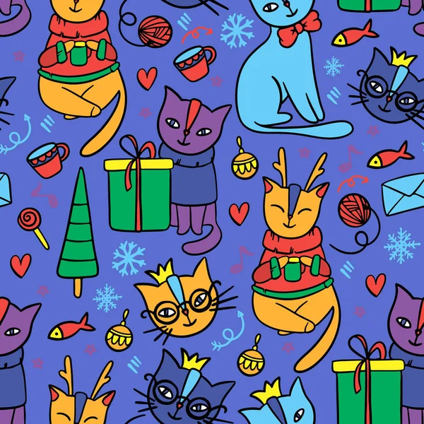 Merry Christmas Cat Patrón Sin Costura Vector Ilustración — Vector de stock