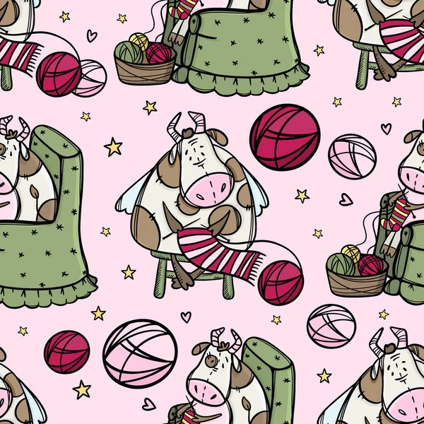 Cute Cow Knits New Year Scarf Hygge Seamless Pattern Vector — Stockový vektor