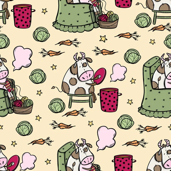 Bull Cookes Soup Knits Seamless Pattern Vector Illustration — Stockový vektor