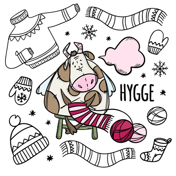 Cow Knits Warm Winter Things Cartoon Vector Illustration Set — Stockový vektor