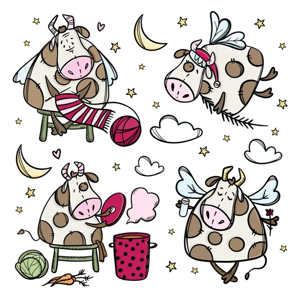 New Year Cow Charakters Christmas Bull Vector Illustration Set — Stockový vektor