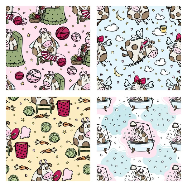 New Year Cow Pattern Set Cartoon Seamless Vector Collection — Stockový vektor