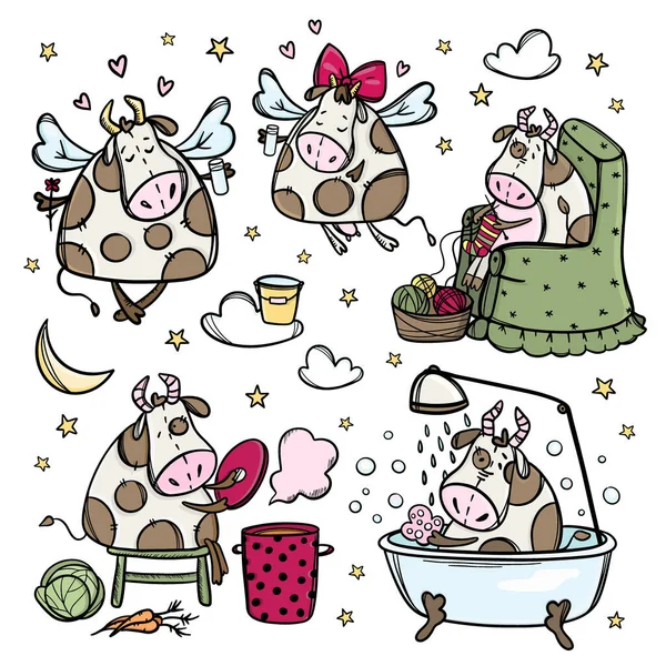 Funny Cows Cartoon Christmas Bull Vector Illustration Set — Stockový vektor