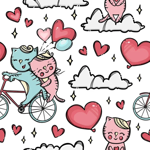 Cat Bike Valentinstag Nahtlose Mustervektorillustration — Stockvektor