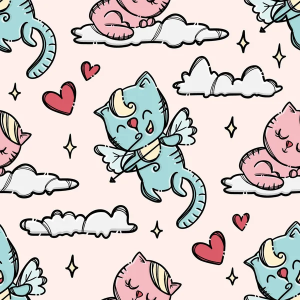 Cupid Kitten San Valentino Senza Soluzione Continuità Modello Vettoriale Illustrazione — Vettoriale Stock