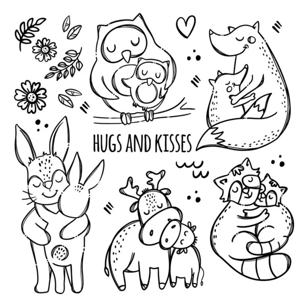 Hugs Kisses Conjunto Ilustración Vectorial Dibujos Animados Monocromáticos — Vector de stock