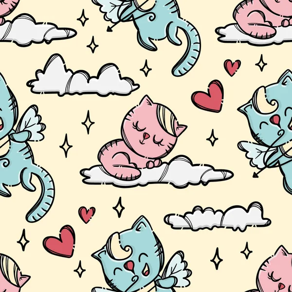 Pussy Cloud Valentine Seamless Pattern Vector Illustration — Vettoriale Stock