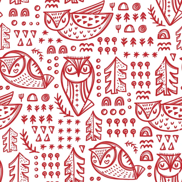 Abstract Owls Handgezeichnete Nahtlose Muster Vektor Illustration — Stockvektor