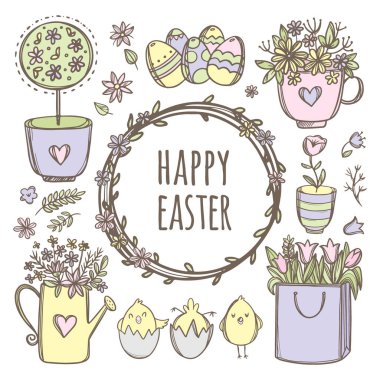 FLORAL EASTER Klip Sanat Koleksiyonu Vektör İllüstrasyon Kümesi
