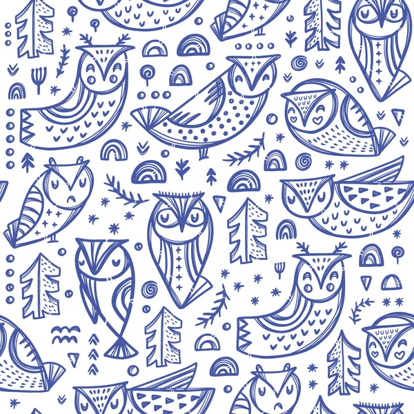 Forest Owl Mão Desenhada Padrão Sem Costura Vector Ilustração —  Vetores de Stock