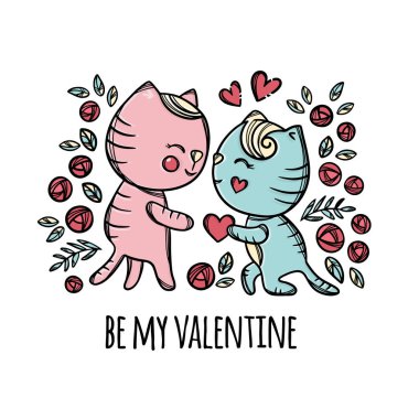 VALENTINE CATS Hand Çizilmiş Çizgi film Vektör Çizim Kümesi