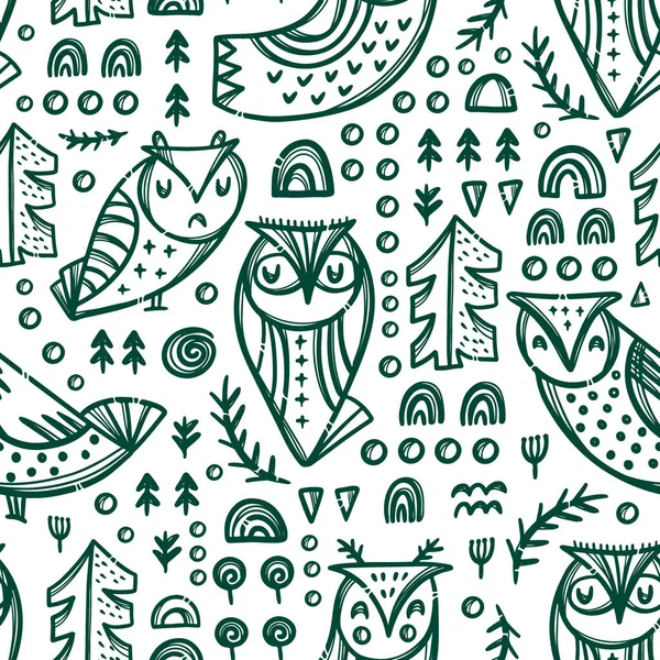 Abstract Green Owls Nahtlose Mustervektorillustration — Stockvektor