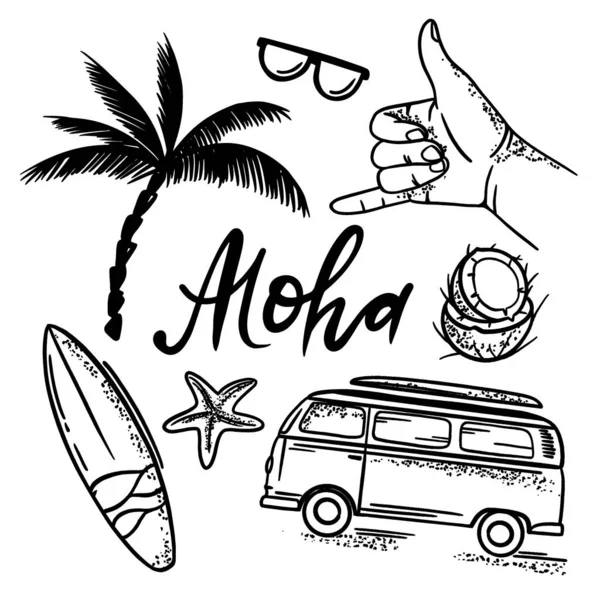 Spiaggia Viaggio Del Mare Vacanza Estiva Surf Aloha Con Tavola — Vettoriale Stock