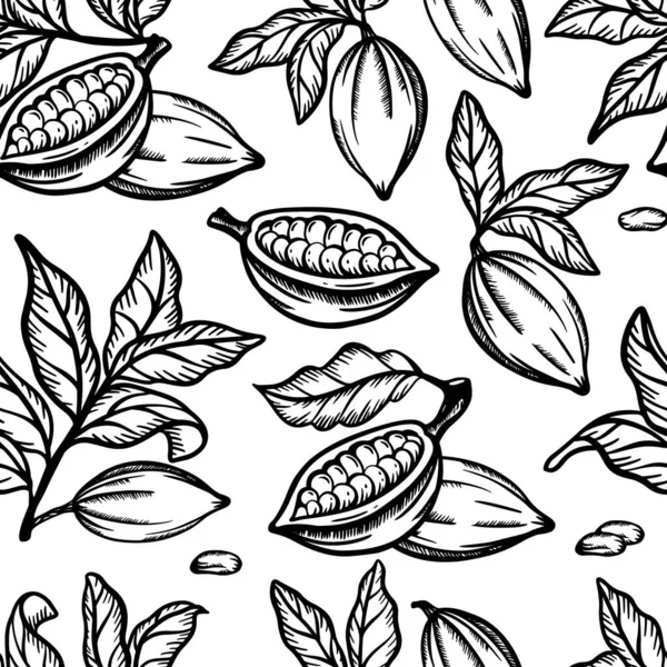 Cocoa Monochrome果豆叶绿叶分枝单色设计手绘素描无缝线图文矢量印刷 — 图库矢量图片