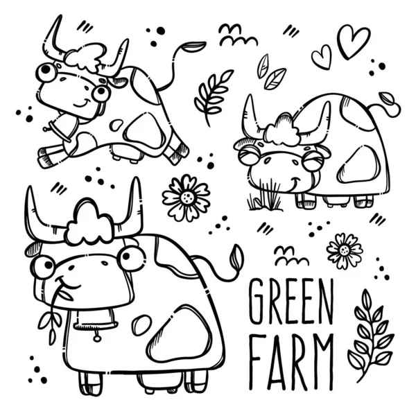 Monocromo Granja Verde Vacas Lindas Dibujadas Mano Estilo Boceto Comer — Vector de stock