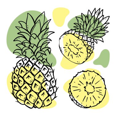 PINEAPPLE Lezzetli Tropikal Meyveler ve Yapraklar Organik Doğal Ürünler Dükkanı Tasarımı ve Sketch Vector Illustration Seti 'nde İçecekler