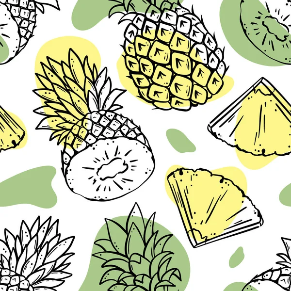 Pineapple Backdrop Abstractあなたのデザインのためのおいしいジュースフルーツ全体と半分にカットスケッチスタイルで描かれた手食品シームレスパターンベクトルイラスト — ストックベクタ
