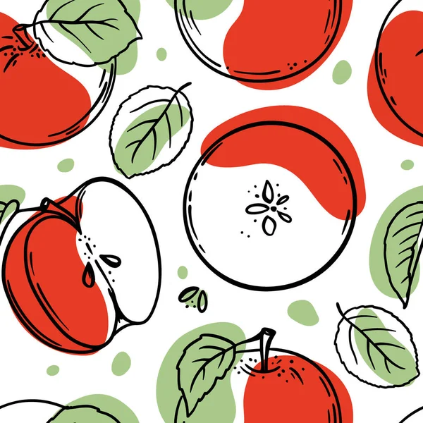 アップルパターンおいしいジューシーな赤い果実有機天然物のデザインのための葉で全体とスライススケッチスタイルのショップやデザートドリンクシームレスベクトル — ストックベクタ
