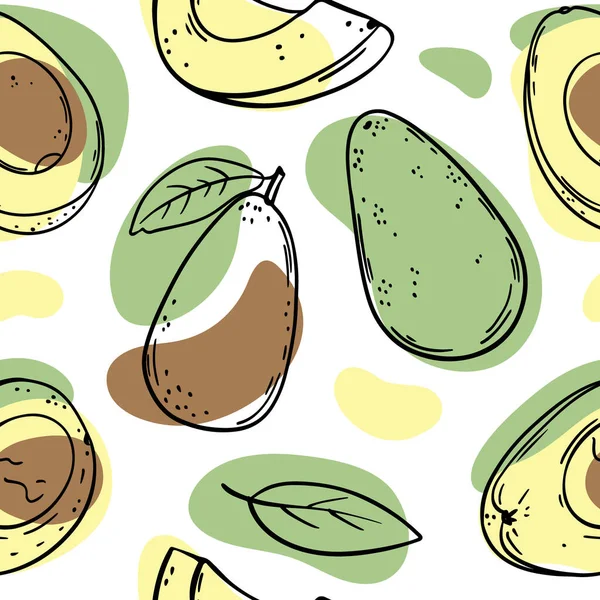 Avocado Pattern Abstractスケッチスタイルでパレオダイエットのための葉を持つおいしいトロピカルフルーツ全体と半分のスライスでシームレスな背景ベクトルイラスト — ストックベクタ