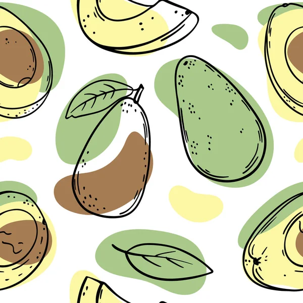 Avocado Pattern Abstraktní Lahodné Tropické Ovoce Celé Půl Plátků Listy — Stockový vektor