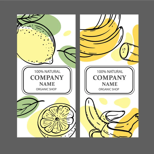 Etiquetas Banana Limón Diseño Pegatinas Para Tienda Frutas Frescas Naturales — Vector de stock