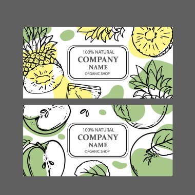 PINEAPPLE GREEN APPLE LABELS Design Of Stickers For Shop Of Tropical Organic Natural Fresh Juicy Fruits And Dessert Drinks In Sketch Style Vector Illustration Set