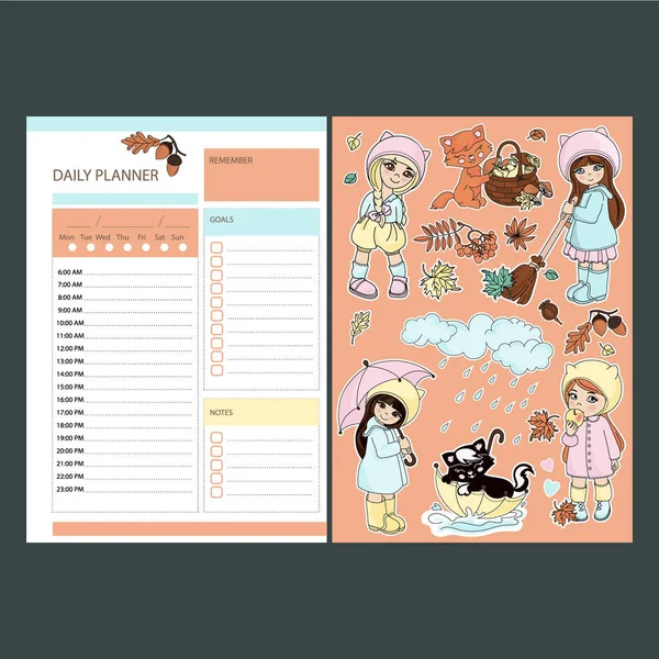 Autumn Daily Plan Ner Sticers Babies Printable Page Template Schedule — 图库矢量图片