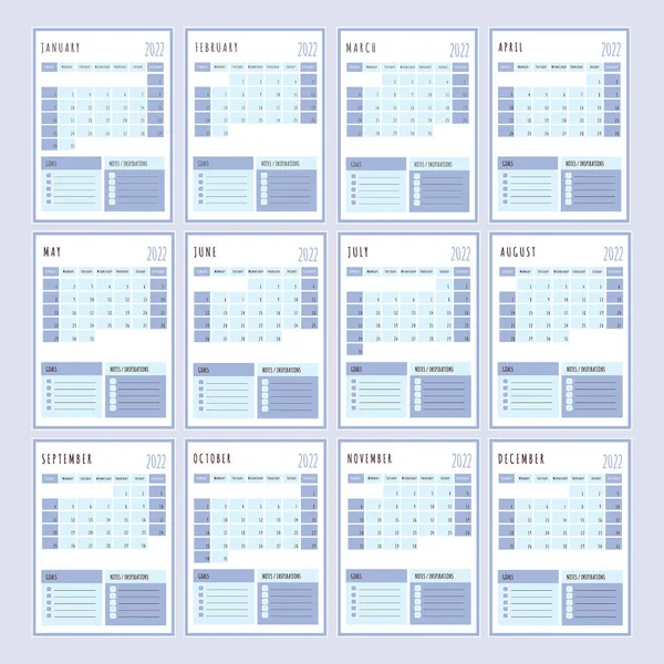 Blue Planner 2022 Year Printable Template Business Organizer Schedule Page — 图库矢量图片