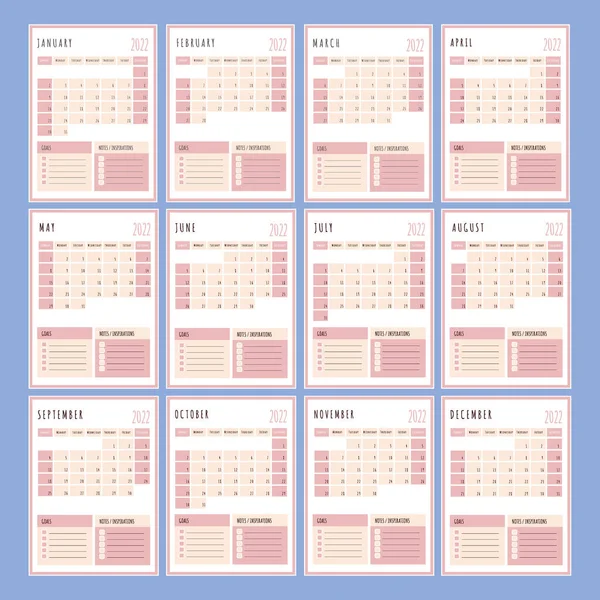 Pink Planner 2022 Year Template Business Organizer Schema Page Day — Stock vektor