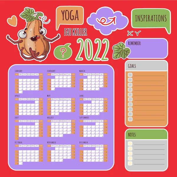 Yoga Stickers Calendar 2022年年度南瓜运行表和从可打印和可粘贴剪切机客户向量集的设计元素中收集标签 — 图库矢量图片