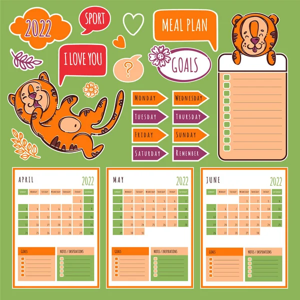 Planner Spring Tiger 2022 Template Zeitplan Und Kollektion Mit Designelementen — Stockvektor