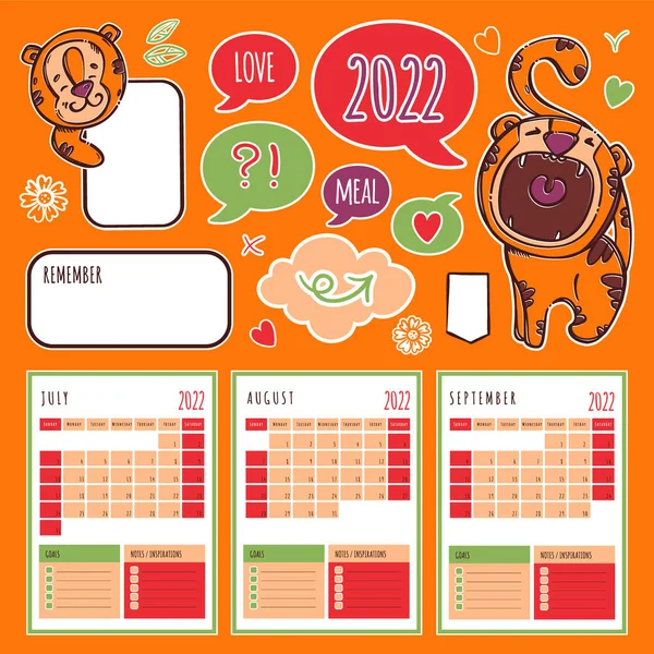 Tiger Planner 2022 Year Template Schedule Collection Design Elements Cats — 스톡 벡터