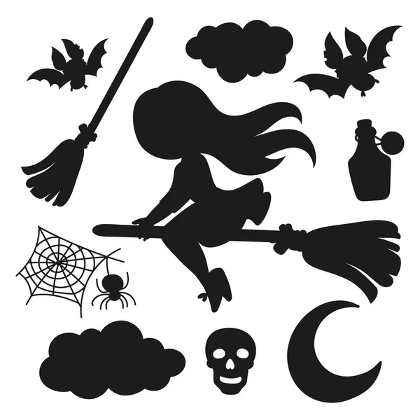 Halloween Para Cut Coleção Contornos Monocromáticos Elementos Férias Com Bruxa — Vetor de Stock