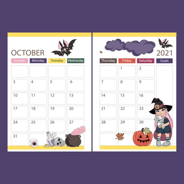 Planner October Halloween Holiday Printable Template Organizer Schedule Page Month — Vetor de Stock