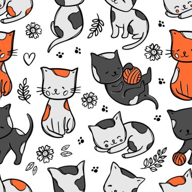 COLOR KITTY PATTERN Şirin Kediler Çiçekler Arasında Hayal kurar ve Oynar Ve Çizer Çizer Çizer Çizer Çizimsiz Özgeçmiş Vektör Resimleri Yazdırmak için