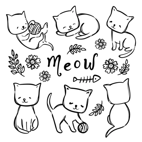 Koloryzacja Page Kitty Cat Cute Kitten Wśród Kwiatów Innych Roślin — Wektor stockowy