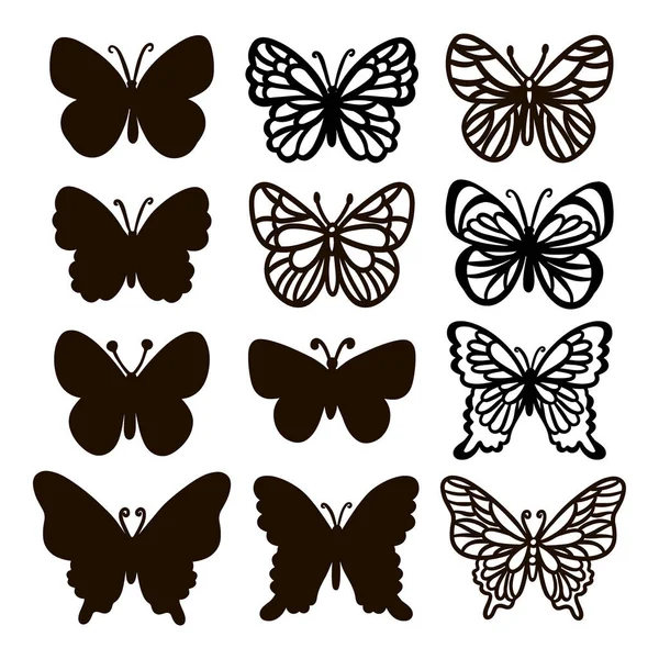 Cut Butterflies Insetos Monocromáticos Bonitos Sobre Fundo Branco Desenho Desenhado — Vetor de Stock