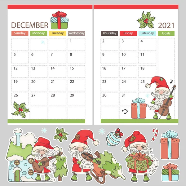 2021年12月的计划石器 每月日历可打印标签页模板时间表 附有音乐圣诞老人卡通客户矢量图片说明集 — 图库矢量图片