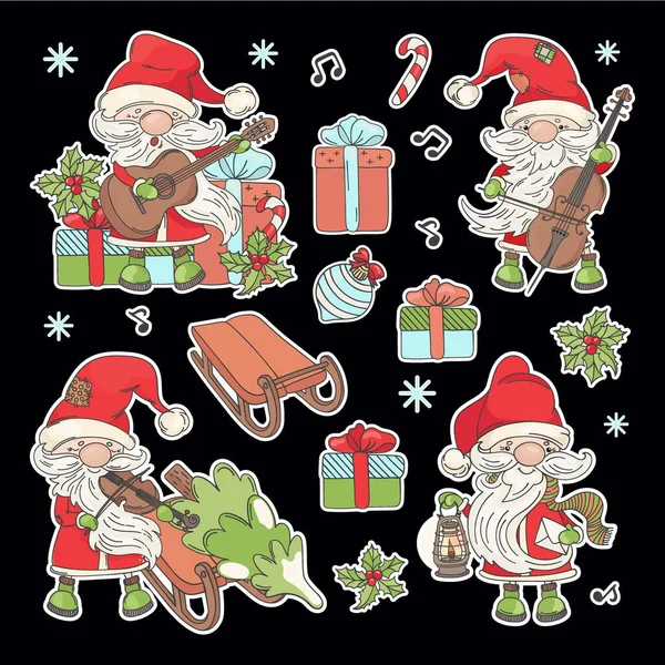 Papá Noel Dibujos Animados Santa Claus Stickers Con Instrumentos Musicales — Vector de stock