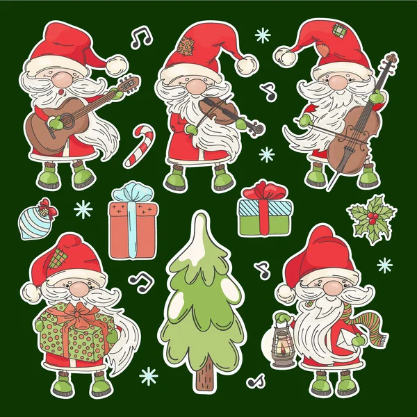 Santa Stickers Tekenfilm Claus Met Muziekinstrumenten Kerstboom Nieuwjaar Geschenken Afdrukbaar — Stockvector