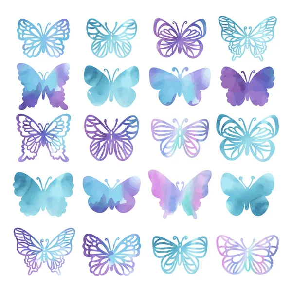Vízszínes Utterflies Sziluettek Gyönyörű Nyári Lila Trópusi Rovarok Fehér Háttér — Stock Vector