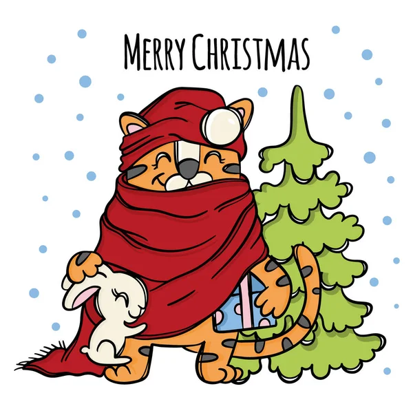 Tiger New Year Santa Claus Gifts White Hare Srowing Cute — 스톡 벡터