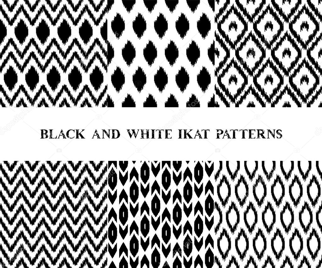 Black and white geometric ikat asian traditional fabric seamless patterns set of six, vector