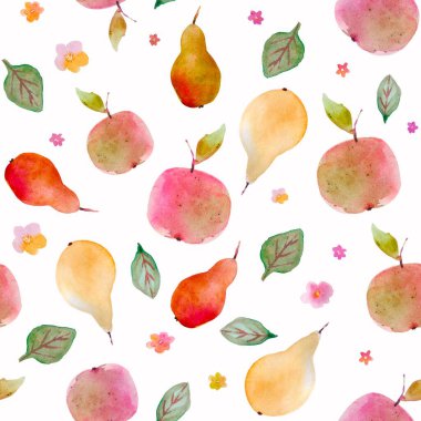 Armut, karpuz, elma, üzüm ve kirazlı kusursuz suluboya meyve deseni. Yaz meyve suyu havası. Suluboya tekniği. Hediye kağıdı, kuyruk kuyruğu menüsü, tekstil için iyi.