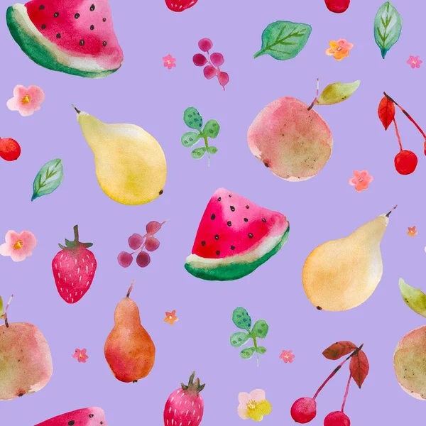 梨、スイカ、リンゴ、ブドウ、チェリーとシームレスな水彩フルーツパターン。夏のジュース気分。水彩画の技法。ギフトペーパー、カクテルメニュー、織物に適しています — ストック写真