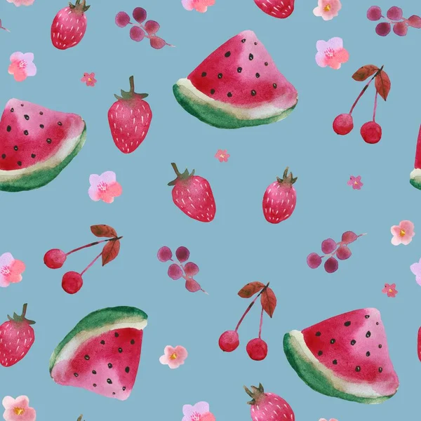 Seamless watercolor fruit pattern with pears, watermelon, apples, grape, cherry. Summertime juice mood. Watercolor technique. Good for gift paper, coctail menu, textiles
