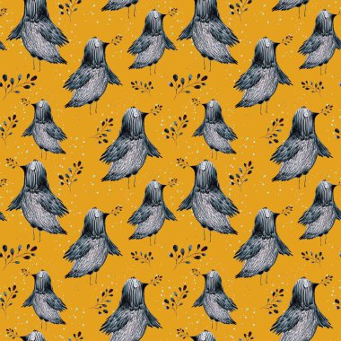Elle çizilmiş tuhaf kuşlu, dallı, yapraklı kusursuz bir desen. Tekstil, ev dekorasyonu, ambalaj kağıdı vs. üzerine baskı yapmak için iyidir..
